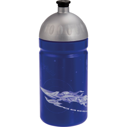 Blaue Trinkflasche mit silbernem Deckel und Raumfahrtmotiv.
