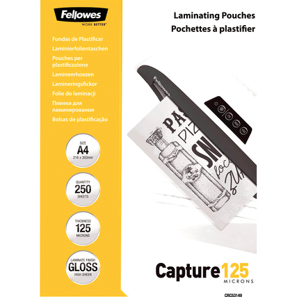Laminierfolien in einem Paket, beschriftet mit "Capture 125" und A4-Größe.