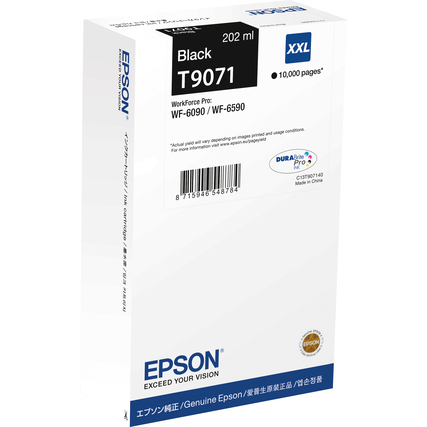 Schwarze Tintenpatrone T9071 in Verpackung, geeignet für Drucker-Modelle WF-6090 und WF-6590.
