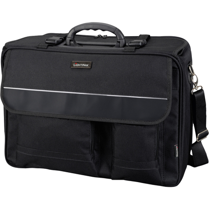 Schwarzer Pilotenkoffer mit zwei vorderen Reißverschlusstaschen und Tragegriffen.