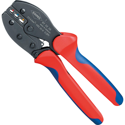 Crimpzange mit ergonomischen Griffen und präzisen Crimpprofilen in seitlicher Ansicht.