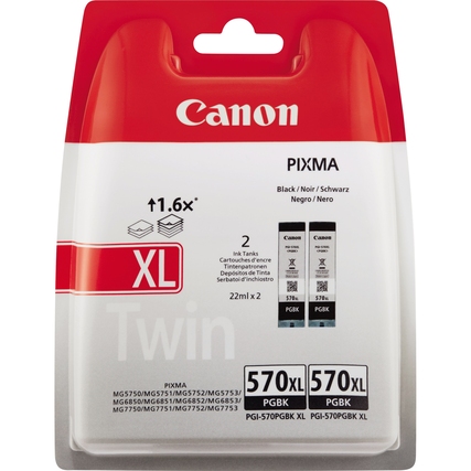 Schwarze Canon Tintenpatrone PGI-570XL BK im Twin-Pack mit zwei Kartuschen in der Verpackung.