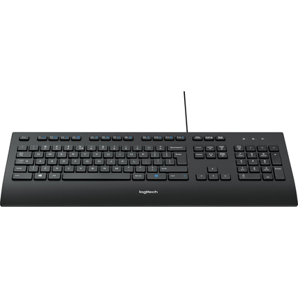 Schwarze Logitech-Tastatur K280e mit flachen Tasten und integriertem Kabel.