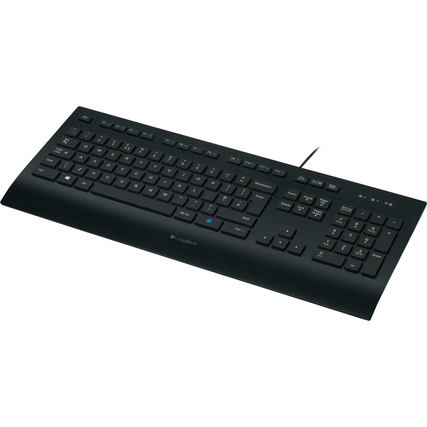 Schwarze Logitech Tastatur K280e mit flachen, geräuschlosen Tasten und Handballenauflage.