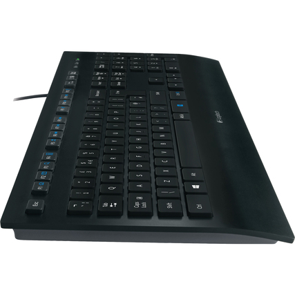 Schwarze Logitech Tastatur K280e mit flachen Tasten und Handballenauflage in seitlicher Ansicht.