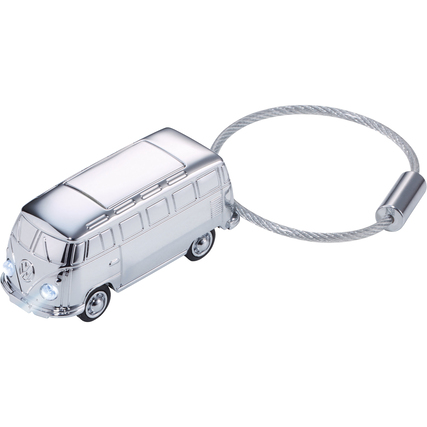 Schlüsselanhänger in Form eines VW T1 Bulli mit silberner Oberfläche und Lichtfunktion.