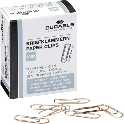 Kupferfarbene Büroklammern von 26 mm in einer Verpackung mit 100 Stück.