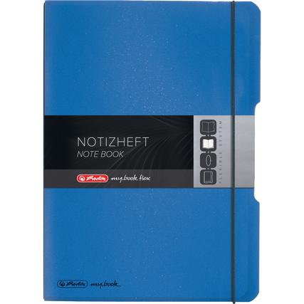 Blaues Notizheft im DIN A4 Format mit flexiblem Cover und Gummibandverschluss.