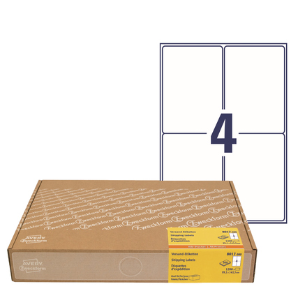 Packung mit vier Adressetiketten in Aufbewahrungsbox, mit gelbem Etikett.