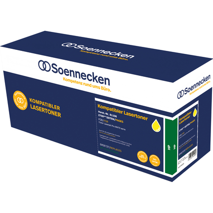 Gelbe Tonerkartusche in blauer Verpackung für HP 312A, kompatibel mit Laserdruckern.
