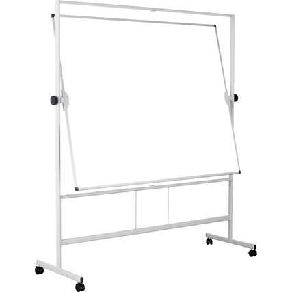 Mobiles, kippbares Whiteboard auf Aluminiumstruktur mit Rollen für einfache Beweglichkeit.