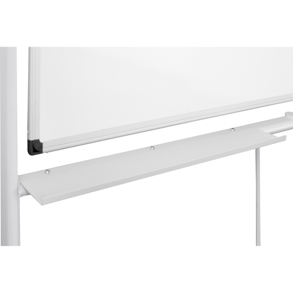 Weißes Whiteboard mit Aluminiumstruktur und Ablagefläche, untere Ansicht.