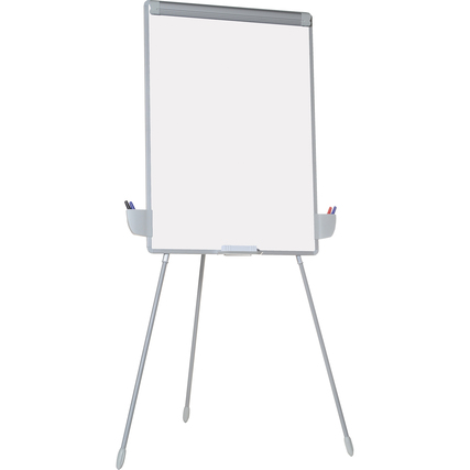 Mobiles Flipchart mit verstellbarer Papierblockhalterung und Ablage für Stifte.