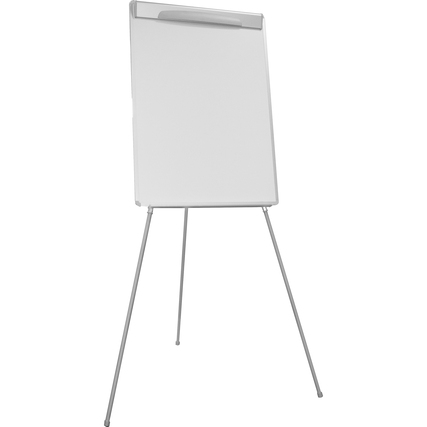 Flipchart mit drei austauschbaren Bögen, leicht verstellbarem Winkel und dreibeiniger Stütze.