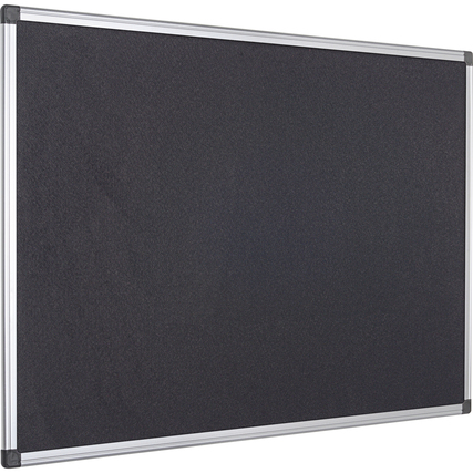 Schwarze Pinnwand mit Aluminiumrahmen und abgerundeten Kunststoffecken in rechteckiger Form.
