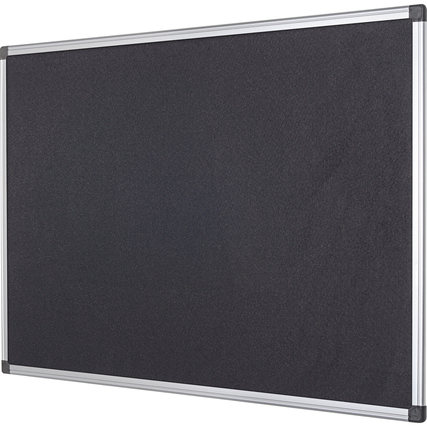 Schwarze Pinnwand mit Aluminiumrahmen und verdeckten Befestigungen, Ansicht von der Vorderseite.