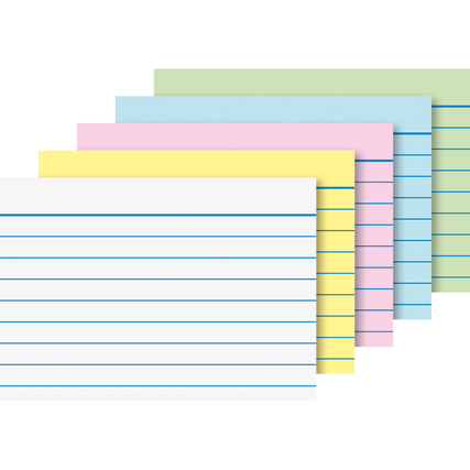 Bunte Karteikarten in verschiedenen Farben mit Linien im DIN A8 Format.