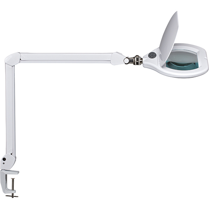 Leuchtlupe mit verstellbarem Metallarm und Schutzklappe, gezeigt in seitlicher Ansicht.
