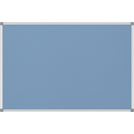 Hellblaue Pinnwand mit Aluminiumrahmen, rechteckig, in Querformat abgebildet.