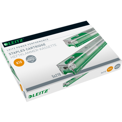 Heftklammerkassette K10 in Verpackung mit fünf Klammerstreifen à 210 Heftklammern.