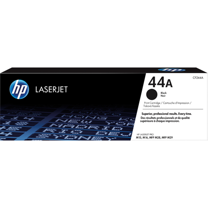 Schwarze HP Lasertonerkartusche 44A in Originalverpackung mit Produktinformationen.