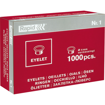 Verpackung mit 1000 Ösen in der Größe 4 mm, dargestellt auf rotem Hintergrund.