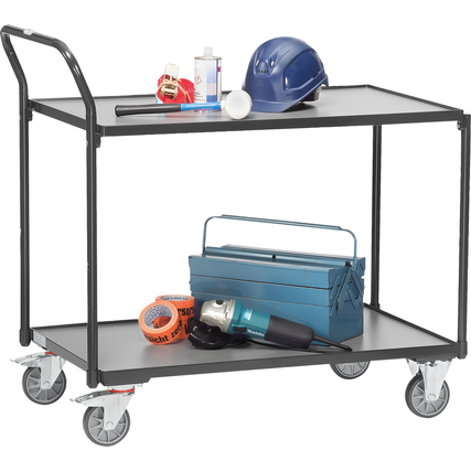 Transportwagen mit zwei Ebenen, ausgestattet mit Werkzeugen, Lack und einem Helm.