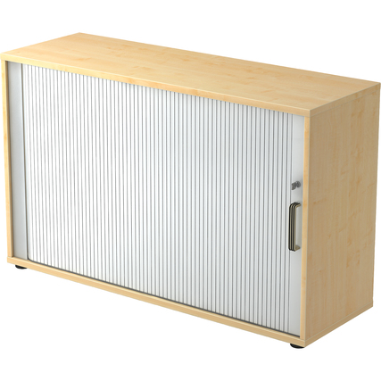 Rollladen-Schrank in Ahorn-Optik mit silbernem Querrollladen und höhenjustierbaren Sockelgleitern.
