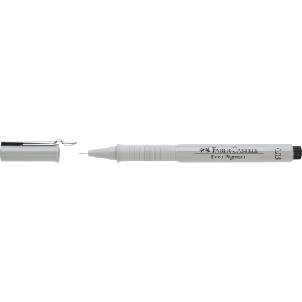 Schwarzer Faber-Castell Fineliner ECCO PIGMENT 0,05 mm mit offenem Deckel.