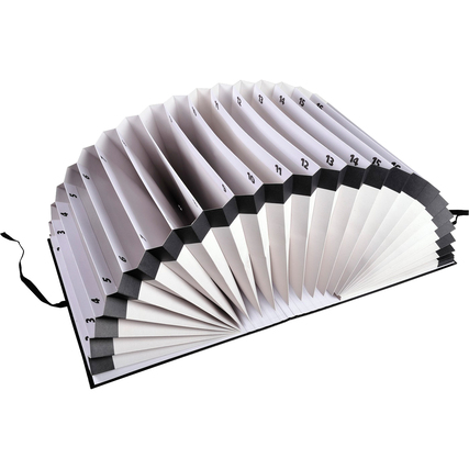 Fächermappe mit 31 Fächern und dehnbarem Rücken, geschlossen durch ein Band.