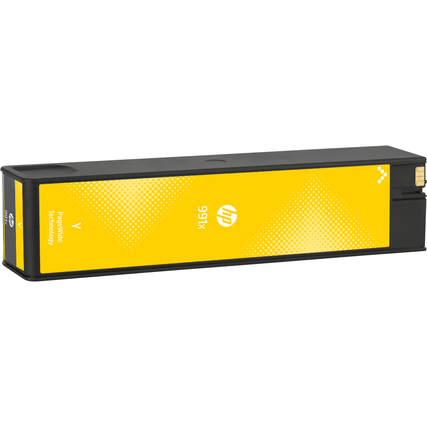 Gelbe HP Tintenpatrone 991X in seitlicher Ansicht mit schwarzem und gelbem Design.
