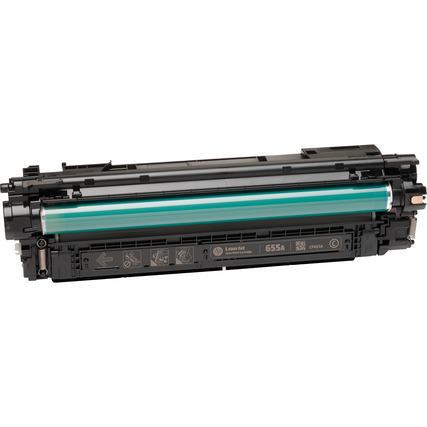 Cyanfarbene HP Tonerkartusche Typ 655A mit transparentem Zylinder auf schwarzem Gehäuse.
