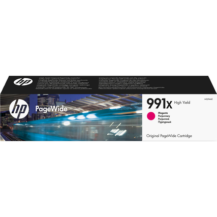 Magenta Tintenpatrone 991X in Verpackung mit grafischem Design und Produktbezeichnung.