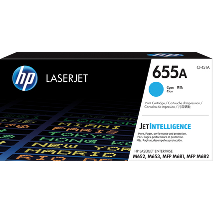 Blau kreisförmiges Logo mit dem Schriftzug "HP", darauf ein Toner 655A für LaserJet Drucker.