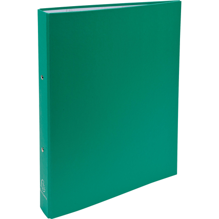Grünes Ringbuch DIN A4 mit zwei Ringen und Rundmechanik, Seitenansicht.