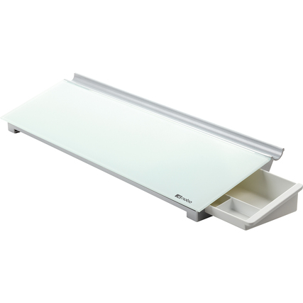 Weißes Memoboard mit Schublade und Aluminiumrahmen in seitlicher Ansicht.
