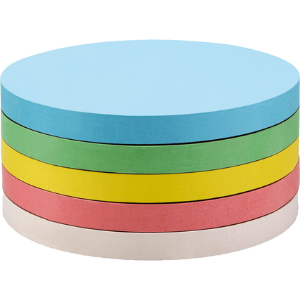 Farbig gestapelte Moderationskarten in Blau, Grün, Gelb, Rot und Weiß, Durchmesser 10 cm.