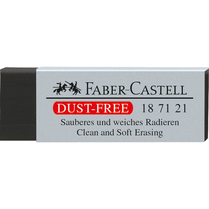 Schwarzer Faber-Castell Radierer DUST-FREE mit silberner Beschriftung.
