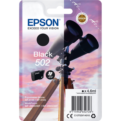 Schwarze Epson Tintenpatrone 502 in Verpackung mit Abbildung eines Fernrohrs.