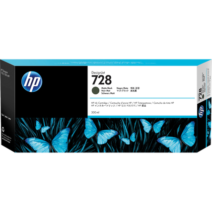 Schwarze HP Tintenpatrone 728 300 ml in dekorativer Verpackung mit blauen Schmetterlingen.