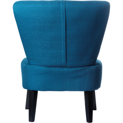 Blauer Sessel mit vintage-inspiriertem Design und massiver Holzstruktur, Rückansicht.