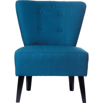 Blauer Sessel im Vintage-Look mit einer strukturierten Oberfläche und vier schwarzen Beinen.