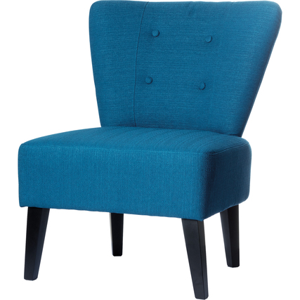 Blauer Vintage-Sessel mit Holzbeinen und zwei dekorativen Knöpfen auf der Rückenlehne.
