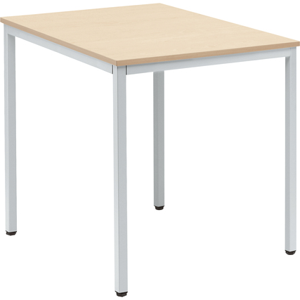 Rechteckiger Konferenztisch mit ahornfarbener Tischplatte und weißen Metallbeinen.