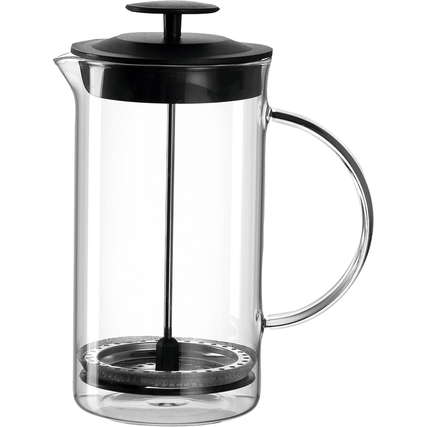 Kaffeebereiter aus Glas mit schwarzem Deckel und Filter, für die Zubereitung von Kaffee.