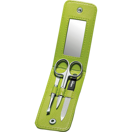 Clauss Maniküre-Set Saphirfeile mit grober/feiner Körnung, schräge Pinzette, Nagelschere, Lederetui mit Spiegel Leder grün