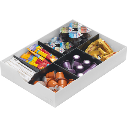 Weiße Schublade mit verschiedenen Fächern für die Ablage von Kleinmaterial und Büroartikeln.