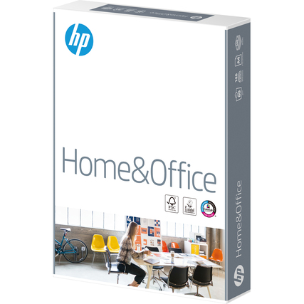 HP Kopierpapier Home & Office DIN A4 in einer Verpackung mit einem Bild von einem Arbeitsbereich.