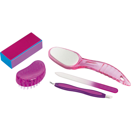 Clauss Fußpflege-Set Kunststoffnagelbürste, Fußfeile aus Kunststoff/Keramik, Nagelhautinstrument aus Kunststoff/Metall, Glasfeile, 4 in 1 Kunststoffpolierblock lila/pink/rosa
