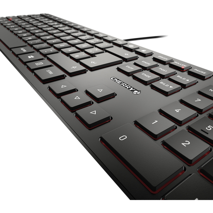 Schwarze CHERRY Tastatur KC 6000 SLIM mit Scherenmechanik und Status-LEDs, in schräger Ansicht.
